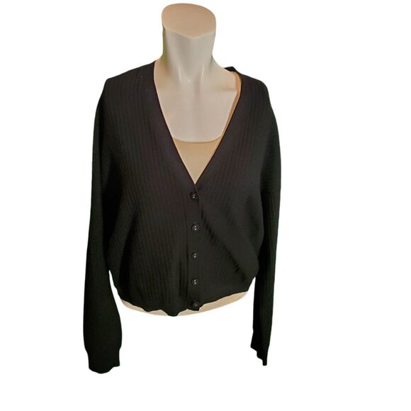 Leo & Sage Rib Knit Cardigan Cropped Sweater Mid Weight Sweater Black Sz L - Picture 1 of 6